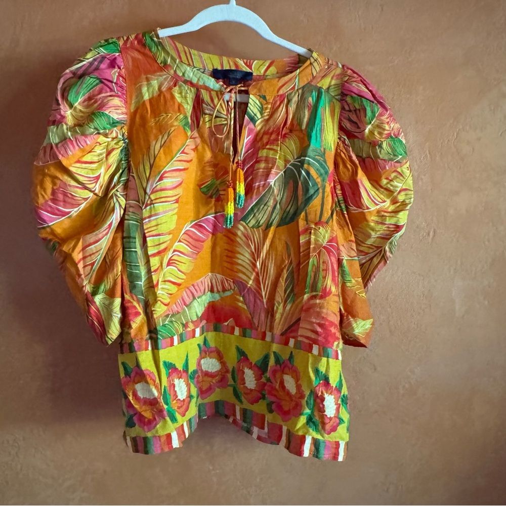 Rachel Roy Linen Blend Tropical Print Blouse Tassel Tie Boho Top M
